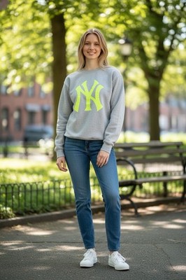 Jerzees Nublend Grey Sweatshirt & Sweatpants Set M Neon Yellow NY Yankees POGUE