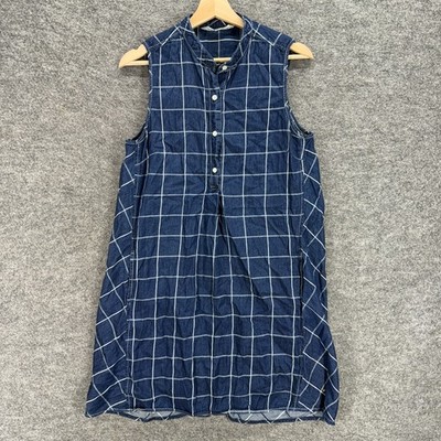Max Studio Dress Women L Large Blue Plaid Shift Short Crew Neck Button Cotton
