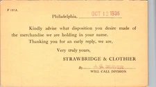 1936 Strawbridge & Clothier Business Postcard Philadelphia Will Call Division