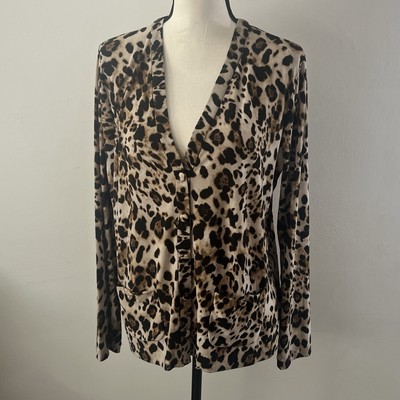 Jones New York Cardigan V-Neck Button-Down - Black Leopard Print Size L