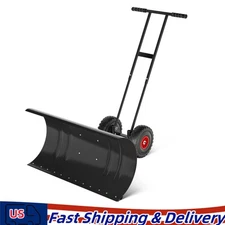 36" Snow Shovel with Wheels Metal Snow Removal Pusher Plow for Driveway Sidewalk