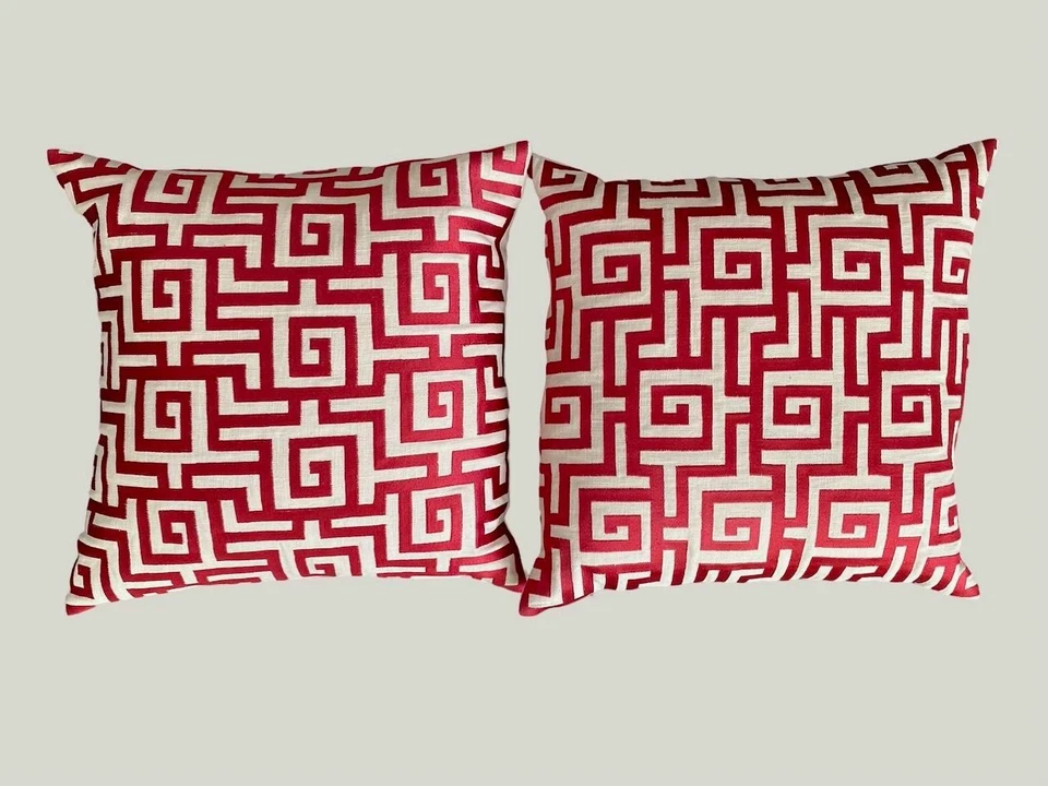 Pair of Matching Greek Key Red Pattern Down filled Pillows Safavieh 16" x 16" - Image 4 of 4