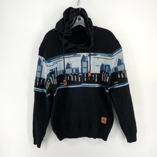 Mens Waffle Knit Hooded Sweater Black Skyline Cityscape Graphic Size M