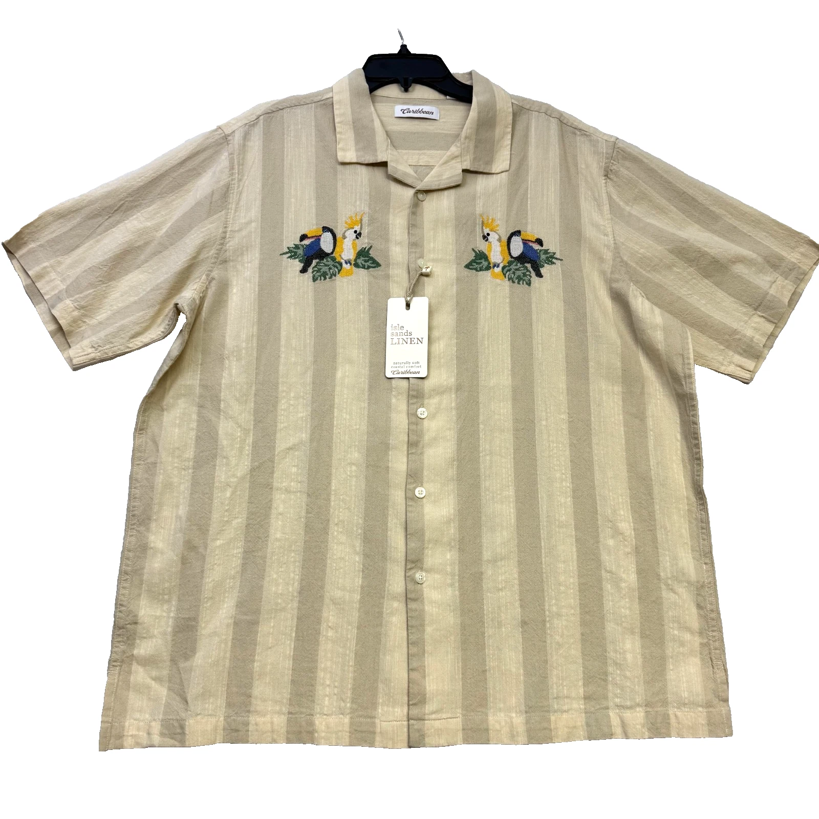 Caribbean Roundtree Yorke Isle Sands Linen Shirt Mens XL Toucan Embroidered NWT