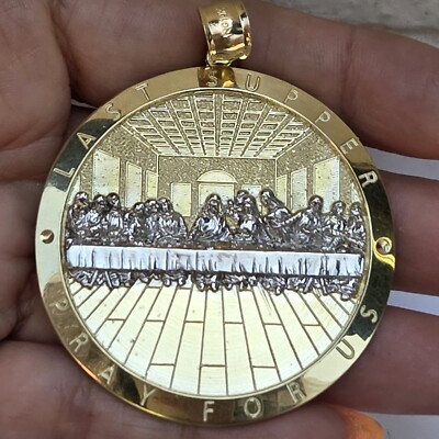 Big Round Solid 10k gold last supper pendant charm inches long Pray  For Us