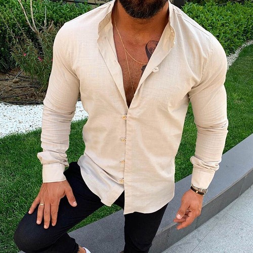 Mens Casual Cotton Linen Shirt Long Sleeve Loose Blouse Button Down Shirts Tops - Picture 10 of 10