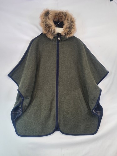 Joules Cape Poncho Small Green Navy Tartan Wool Fur Hood Everly Reversible Coat