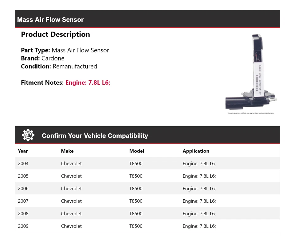 Sensor de flujo de aire másico Cardone 2005 2006 para Chevrolet T8500 2004-2009 7,8 L L6 Foto 2 de 4