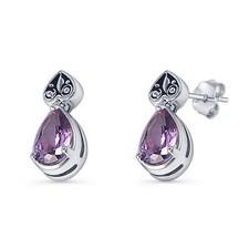 Pear Teardrop Amethyst CZ Stud Earrings 925 Sterling Silver 17mm
