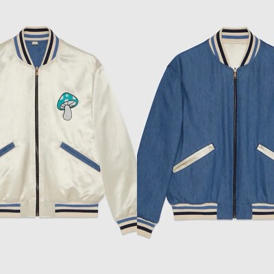 Gucci Bomberjacke Wende Seide Baumwolle Denim Pilz Blau 48 Medium Logo