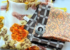 vtg  scarf LOT  1 Paoli Retro Mod fall color plus clip  orange brown  Go Go 70's