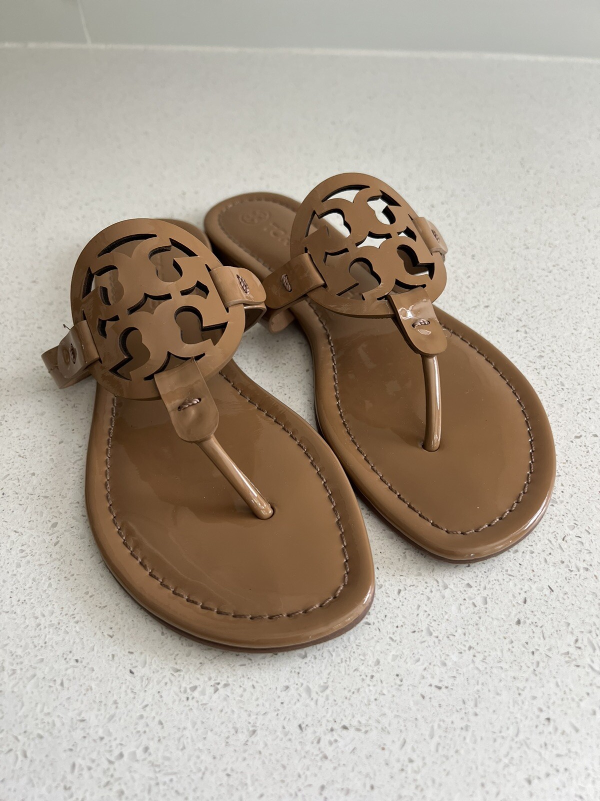 Tory Burch Miller Beige Sand Patent Leather Sandals Flip Flops Women's Size   | eBay