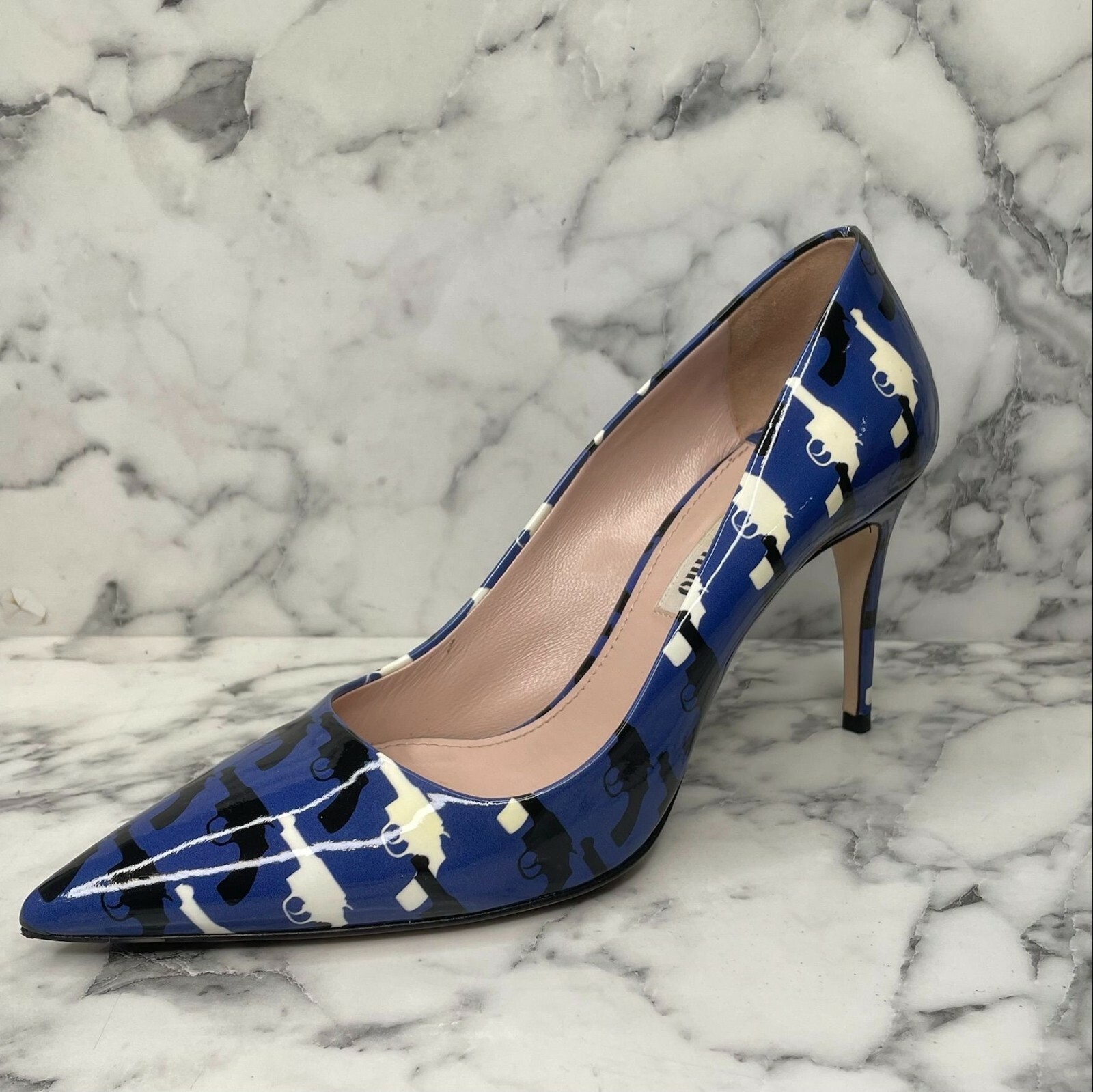 MIU MIU Cobalt Blue Patent Leather Black u0026 White Pistols Print Point Toe  Pumps | eBay
