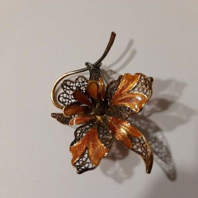 ORCHIDEEN BROSCHE FILIGRAN UND EMAILLE IN SILBER 800 gr. 7,3 80er Jahre VINTAGE