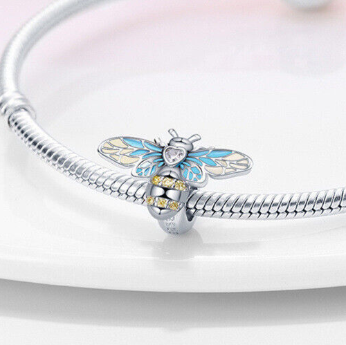 Sterling Silver 925 Honey Bee Love Heart Stopper Charm with Enamel Queen Detail
