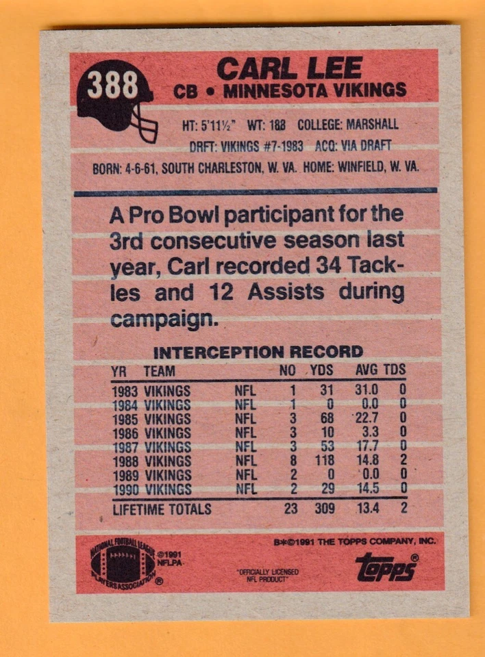 Carl Lee Minnesota Vikings AUTO Signed 1991 Topps Marshall Thundering Herd - Image 2 of 2