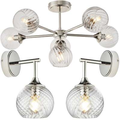 6-flammige halbbündige Decken- & 2x passende Wandleuchten hell Nickel klar Spirale