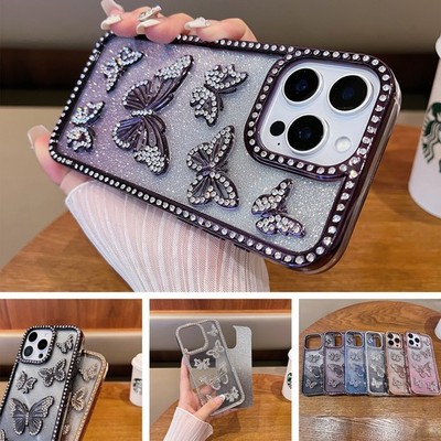 For iPhone 16 Pro Max 15 14 13 12 11 Diamond 3D Butterfly Gradient Glitter Case