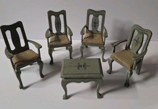 Antique Style Dolls House Miniature Wooden Chairs/ Table Shabby Chic Olive Green
