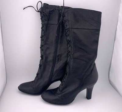 Gianni Bini Black Leather Knee High Boots Lace Up Zip Heeled Women s Size 6M