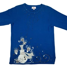 Quacker Factory Women’s Small Blue Holiday Top Snowman Sequin Beaded Embellished