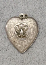 WWII era Sweetheart Locket: Heart w/Army Eagle - Pictures, swings open, Sterling