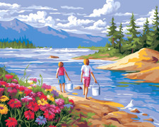 Brothers Playing In River Hand Painted Design Printed Needlepoint Canvas N09