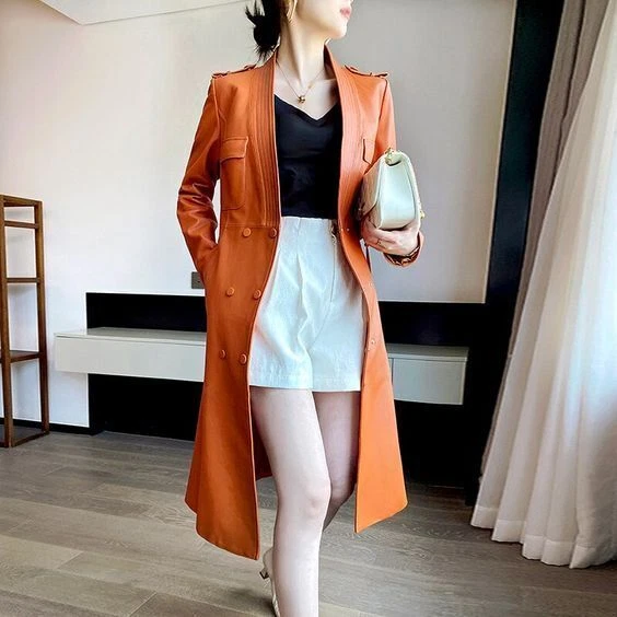 Elegante gabardina larga naranja de piel de cordero real de cuero suave única para mujer elegante Foto 2 de 4