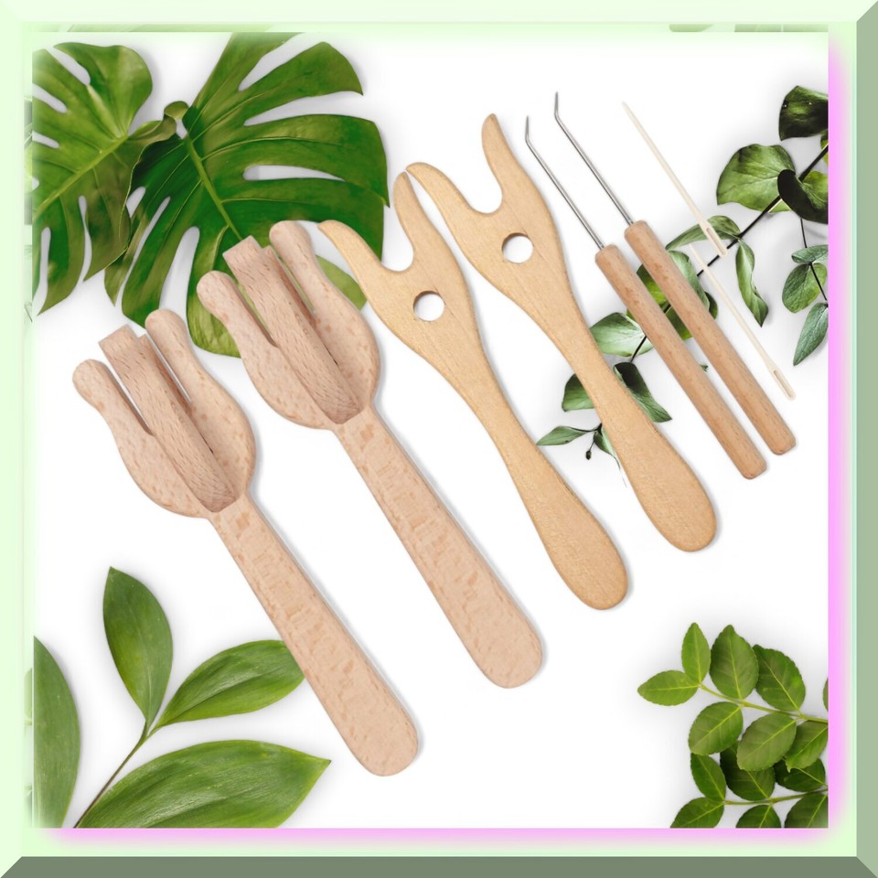 2X Knitting Fork & Eye Needle Kit - Wooden Cord Making & Braiding Tools For Craft Projects