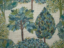 Foliage Fall Trees Teal Linen Blend Curtain Upholstery Cushion Blind Use Fabric