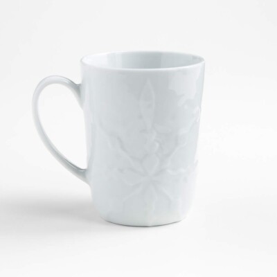 Set of 2 Crate & Barrel Christmas Mercer Snowflake Porcelain Coffee Mugs Cups