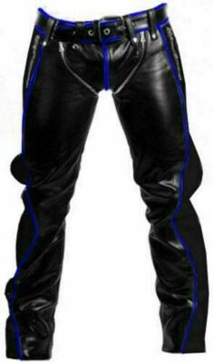 Men's Leather Genuine Cowhide Leather Black Trouser BLUE Stripes FRONT ,Rear Zip