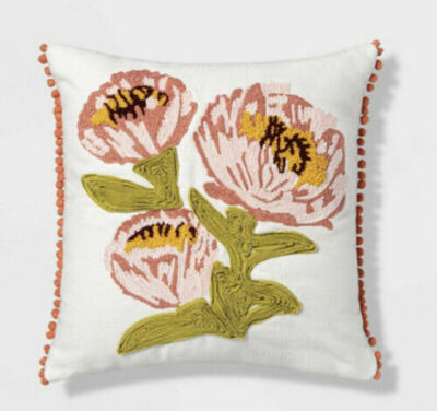 Opalhouse Floral Embroidered Decorative Pillow Flowers Green Pom Pom Coral  White