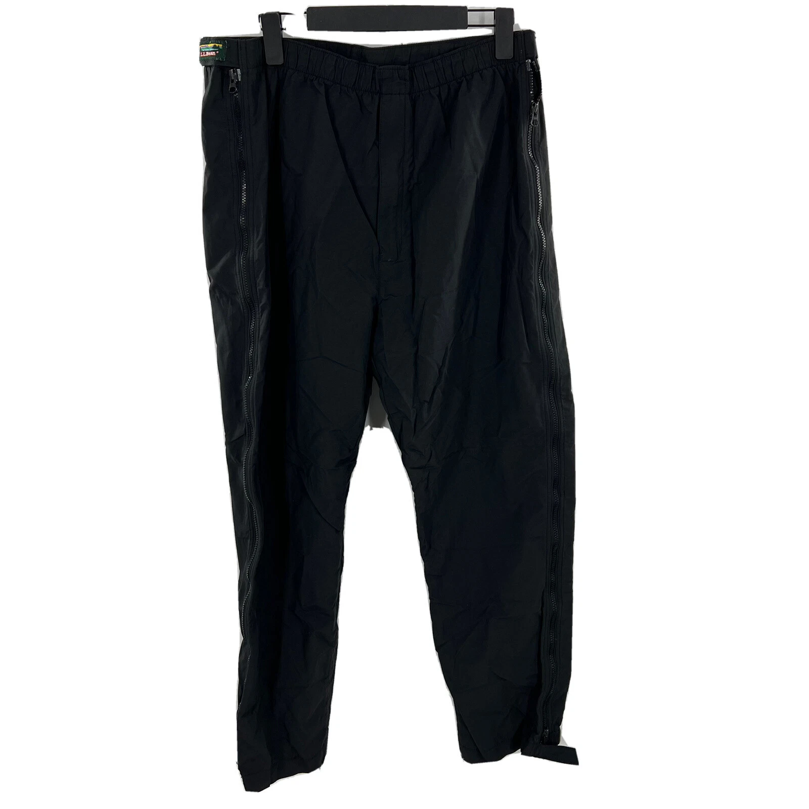 LL Bean Mens Black Outdoor Hiking Nylon Shell Side Zippered Pants Size Large