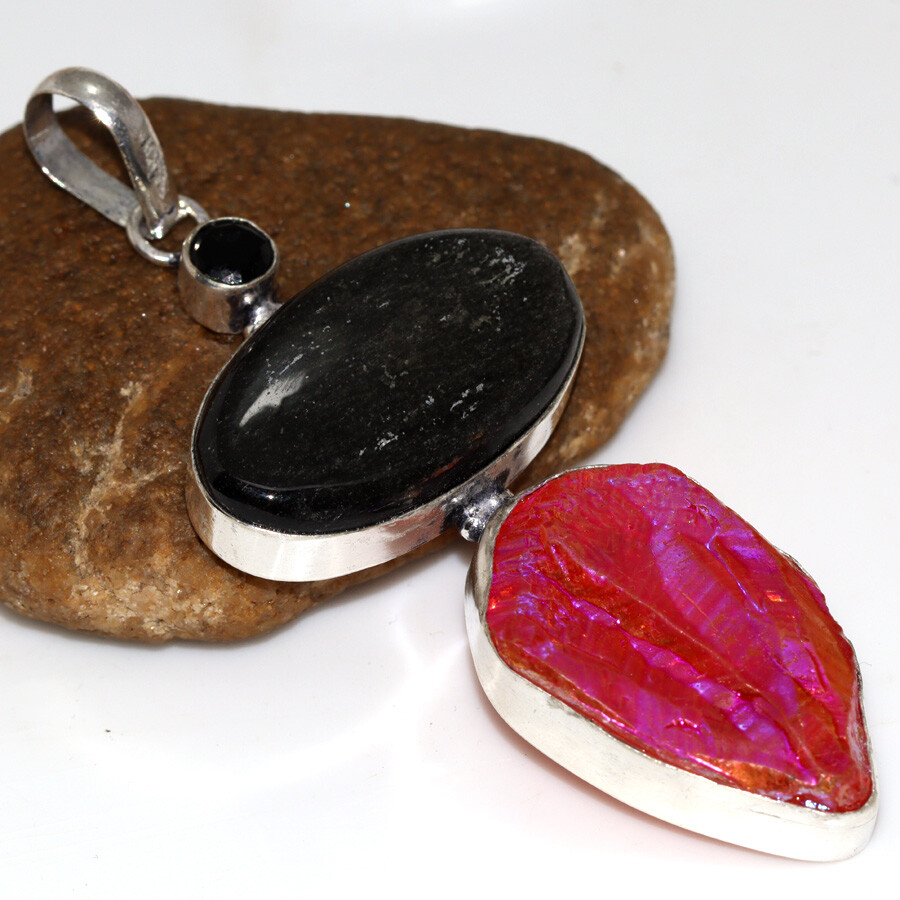 Pink Titanium Aura Quartz Silver Obsidian Pendant Jewelry Size 3.1