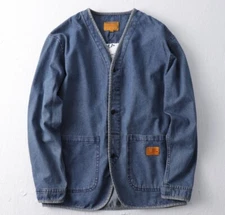 Retro Workwear Denim Jacket Men Cardigan Top Taoist Robe Loose Jacket Cotton