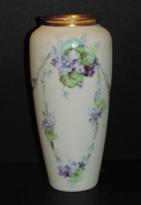 PICKARD HANDPAINTED DECORATED 9'' TALL VASE VIOLETS SWAGS GOLD RIM GOLD LEAF MARK