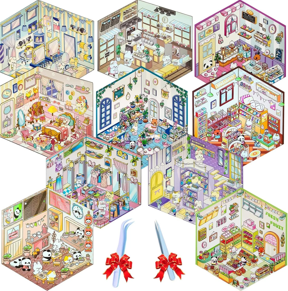 Hágalo usted mismo 3D escena de pegatinas, paquete de 10 juegos (600+) libro de pegatinas reutilizables de gran tamaño, lindo Foto 2 de 4