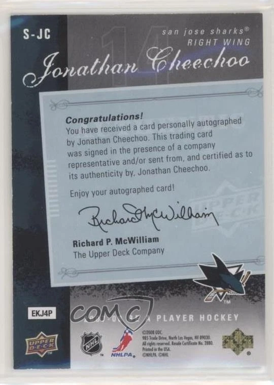 2007-08 Upper Deck Be a Player Signatures Jonathan Cheechoo #S-JC Auto - Image 2 of 2