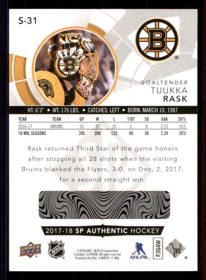 2017-18 SP Authentic Spectrum FX #S31 Tuukka Rask - Image 2 of 2