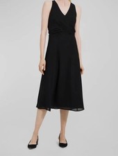 Theory V Neck Tie Silk Black Dress LBD Womens 8 Midi Slip A Line Faux Wrap