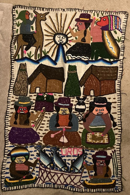 Peruvian Folk Art Embroidered Tapestry Textile Lake Titicaca Uros Float Island