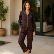 BCBGMAXAZRIA Black Pink Polka-dot 2 piece Loungewear Pajama Set Womans Size L