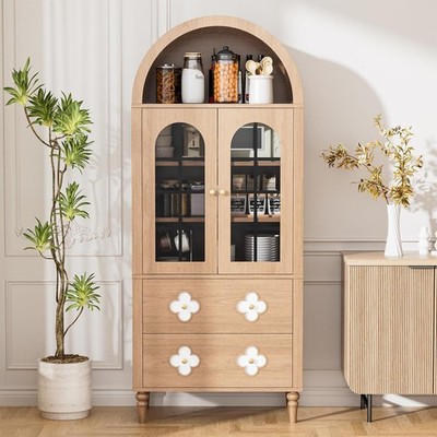 NAIZEA 71'' Tall Arched Kitchen Pantry with Glass Doors Retro Wood Arched Cabinet
