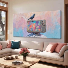 Large Wall Art For Living Room Decor Abstract Crow And Tv Head Art Prints Rea...
