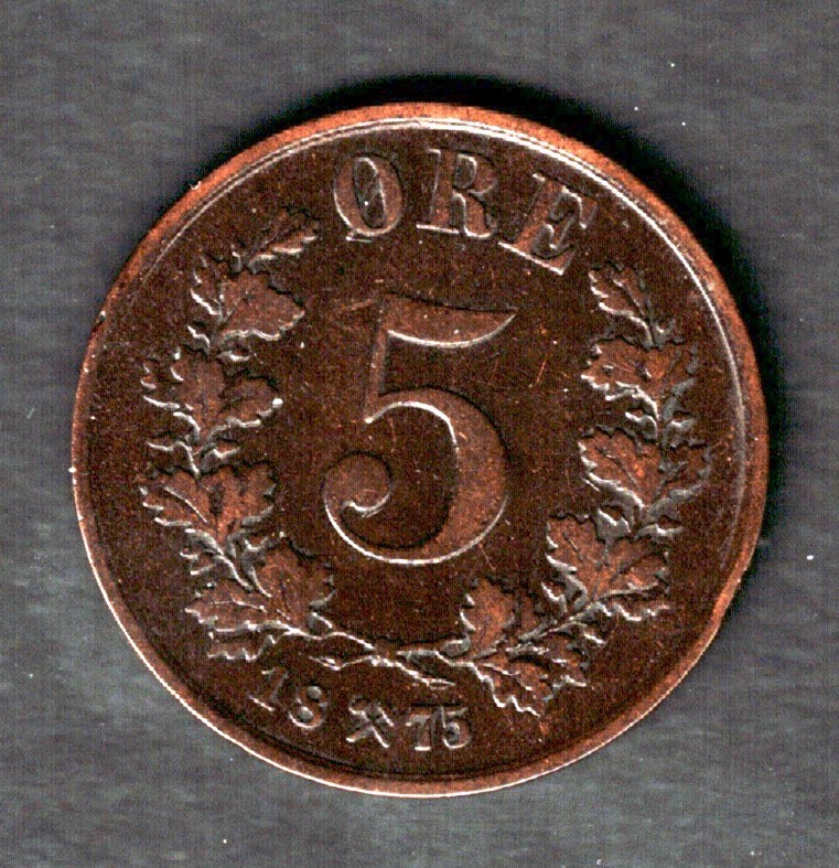 NORWAY 1875 5 ORE KM# 349 CIRCULATED LOW MINTAGE
