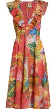 FARM RIO Tropical Flora Jungle Print V-Neck With Ruffles Cotton Midi Dress XS 