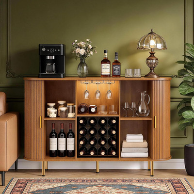 DHH 55'' Wine Bar Cabinet with Storage, Fluted Liquor & Coffee Bar Cabinet with W