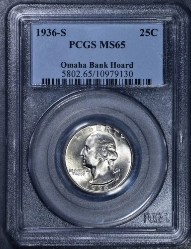 1936-S 25C WASHINGTON SILVER QUARTER Omaha Bank Hoard KM# 164 PCGS MS 65 A5770