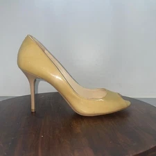 Jimmy Choo Womens Patent Leather Mustard High Heels Peep Toe Size EU 35.5 US 5.5